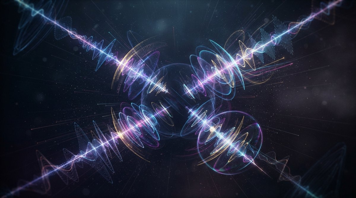 An abstract, artistic representation of sound waves spreading and interacting within a three-dimensional space, with subtle gradients of color indicating depth and movement. No screens or plug-in UIs. Focus on the concept of immersive audio and spatial pl