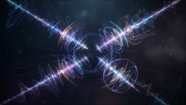 An abstract, artistic representation of sound waves spreading and interacting within a three-dimensional space, with subtle gradients of color indicating depth and movement. No screens or plug-in UIs. Focus on the concept of immersive audio and spatial pl