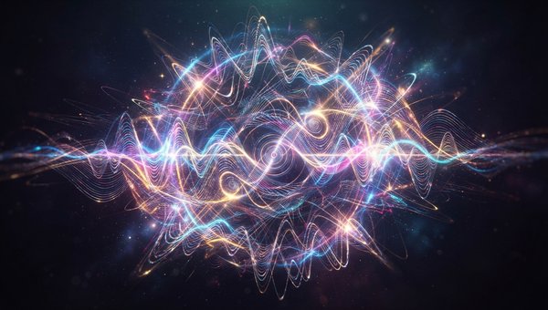 An abstract visualization of sound waves interacting, with complex, metallic, and shimmering patterns representing ring modulation and frequency shifting. Use vibrant, shifting colors and dynamic, interwoven lines against a dark, ethereal background. No s