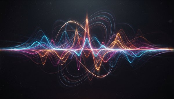 Abstract visualization of sound waves warping and shifting, with frequency spectra showing resonant peaks sweeping across the spectrum. Dynamic light trails and color gradients represent the complex phase modulation and rhythmic filtering of flanger and p