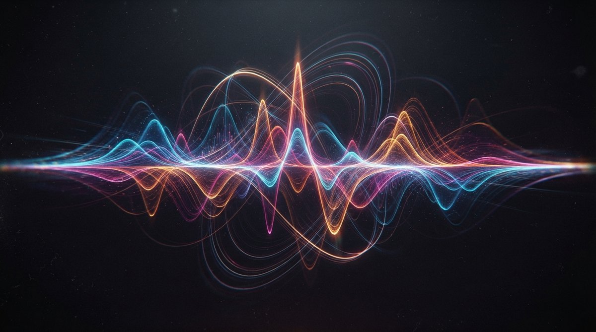 Abstract visualization of sound waves warping and shifting, with frequency spectra showing resonant peaks sweeping across the spectrum. Dynamic light trails and color gradients represent the complex phase modulation and rhythmic filtering of flanger and p