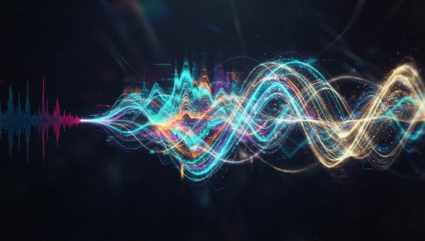 An abstract visualization of a human voice being processed through various audio effects, represented by intricate, colorful waveforms and spectral analyses twisting and merging into unique, evolving patterns. The image should convey sound design, creativ