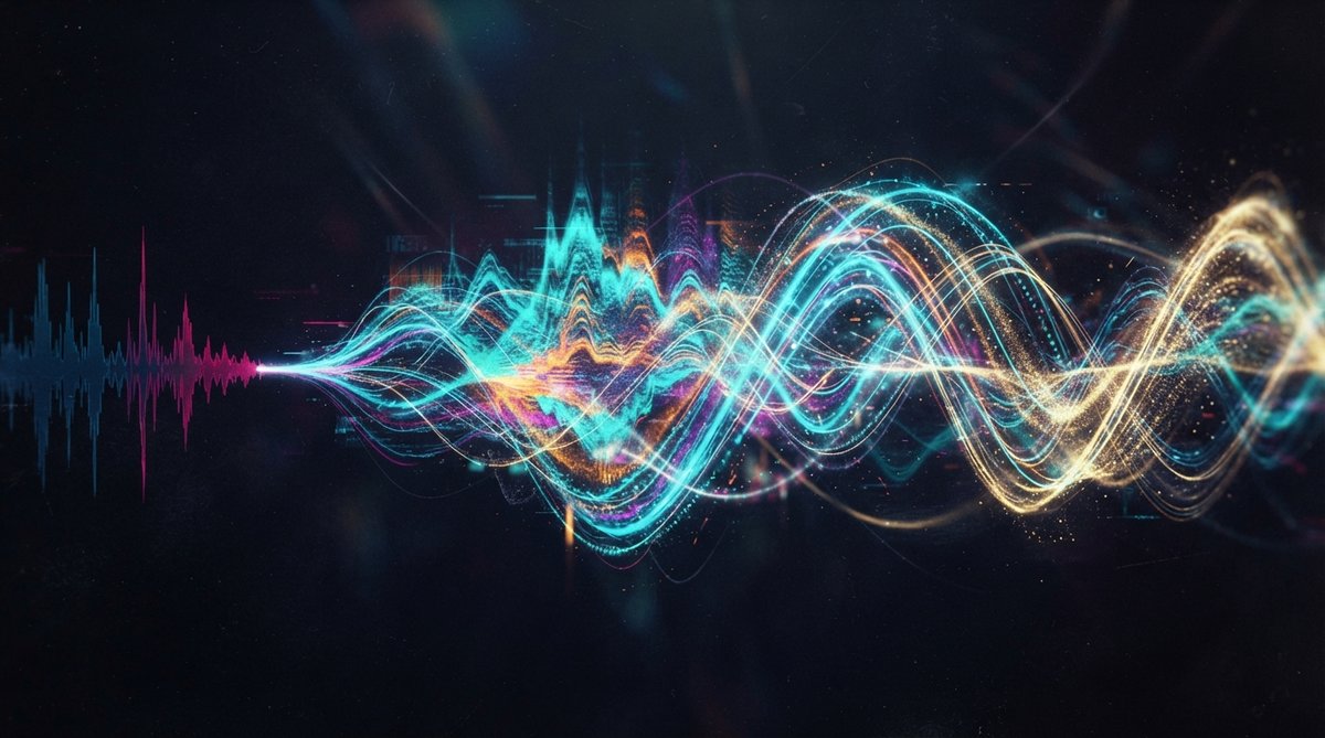 An abstract visualization of a human voice being processed through various audio effects, represented by intricate, colorful waveforms and spectral analyses twisting and merging into unique, evolving patterns. The image should convey sound design, creativ