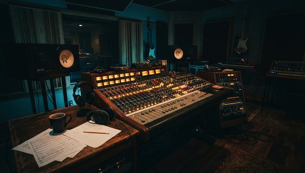 A wide shot of a dimly lit, cozy, yet professional music studio. The focus is on a vintage-style mixing desk with warm glowing lights. Monitor speakers are visible, and acoustic panels subtly line the walls. There are no computer screens or plugin UIs vis