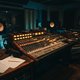 A wide shot of a dimly lit, cozy, yet professional music studio. The focus is on a vintage-style mixing desk with warm glowing lights. Monitor speakers are visible, and acoustic panels subtly line the walls. There are no computer screens or plugin UIs vis