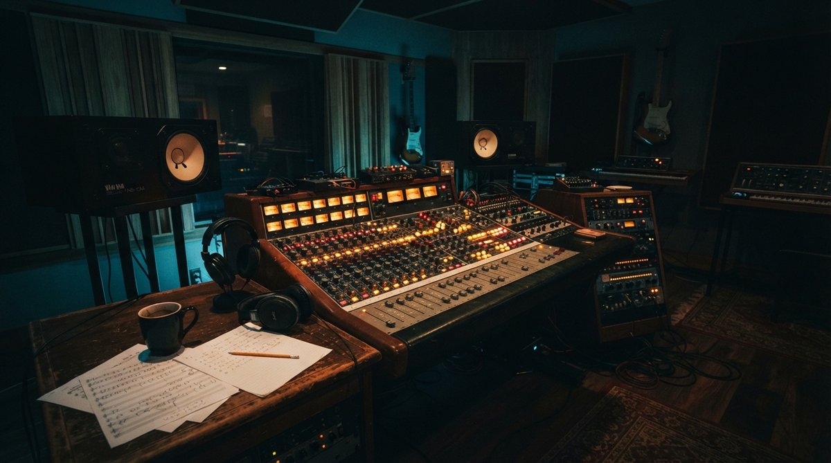 A wide shot of a dimly lit, cozy, yet professional music studio. The focus is on a vintage-style mixing desk with warm glowing lights. Monitor speakers are visible, and acoustic panels subtly line the walls. There are no computer screens or plugin UIs vis