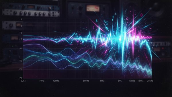 An abstract, vibrant visualization of sound waves and frequency spectrums, with a focus on high-frequency energy. Bright, sharp lines representing sibilance are contrasted with smoother, undulating patterns of background noise, all against a dark, profess