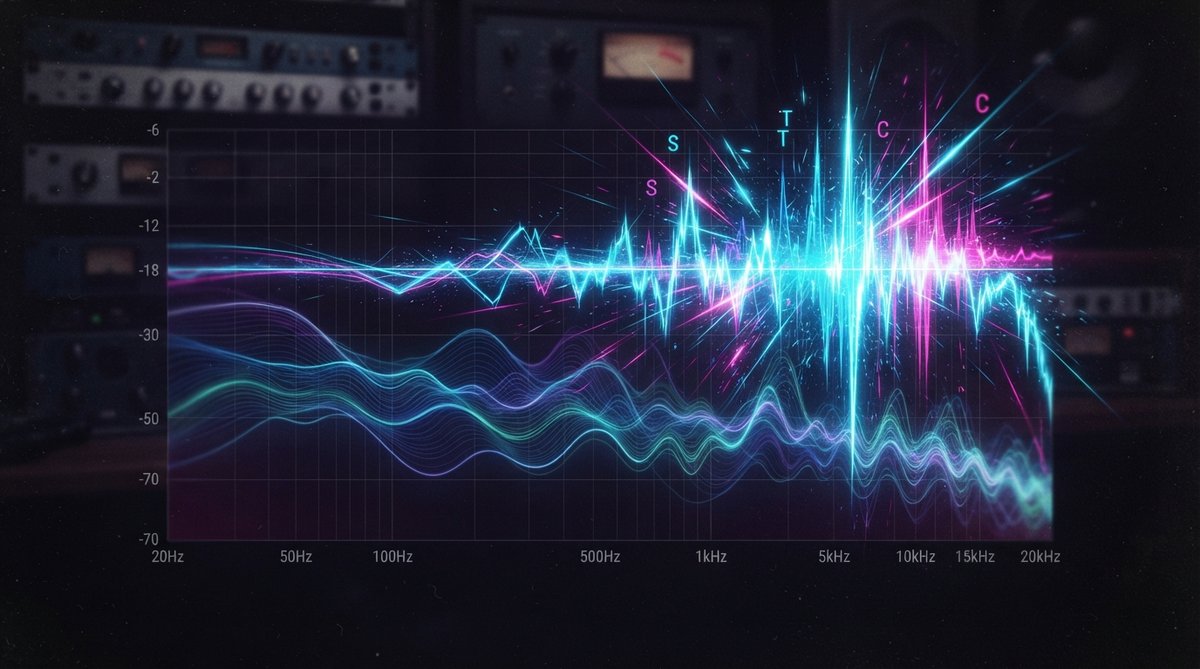 An abstract, vibrant visualization of sound waves and frequency spectrums, with a focus on high-frequency energy. Bright, sharp lines representing sibilance are contrasted with smoother, undulating patterns of background noise, all against a dark, profess