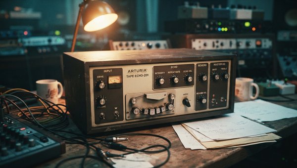 A close-up, photorealistic render of a vintage tape echo machine (like a Roland Space Echo or Echoplex) in a dimly lit, atmospheric studio environment. The device is in focus, showing its tape loop and controls, with subtle studio background blur.