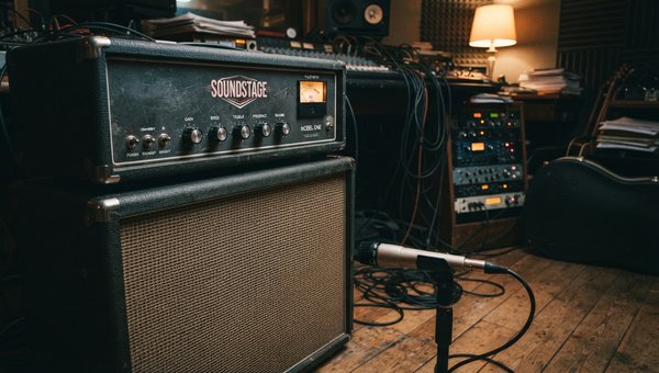 A high-quality render of a classic British-style guitar amplifier head sitting on top of a matching speaker cabinet, in a dimly lit, professional recording studio. A vintage condenser microphone is positioned in front of the speaker grille. The scene emph