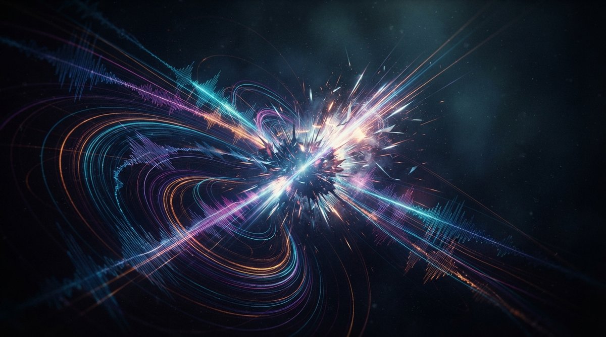 Abstract representation of sound waves creating dramatic tension and impact. Dynamic light trails and color gradients swirling into a sharp, powerful burst, conveying cinematic energy and transitions. No screens or UIs.
