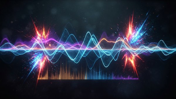 Abstract visualization of sound waves and frequency spectra interacting, with distinct percussive transients represented by sharp peaks and colorful energy bursts against a dark, moody background. No screens or plugin UIs.