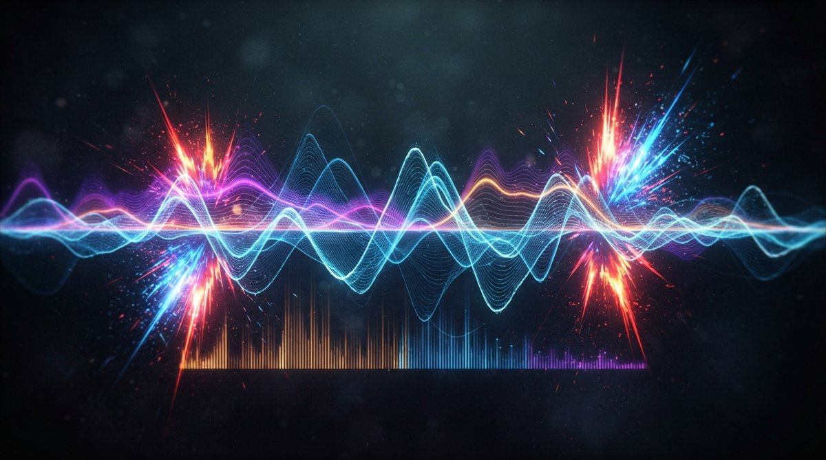 Abstract visualization of sound waves and frequency spectra interacting, with distinct percussive transients represented by sharp peaks and colorful energy bursts against a dark, moody background. No screens or plugin UIs.