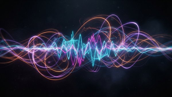An abstract, vibrant visualization of rhythmic energy. Interweaving light trails and pulsating waveforms in a dark, atmospheric space, representing complex yet cohesive rhythmic patterns. Focus on dynamic movement and the interplay of different visual ele