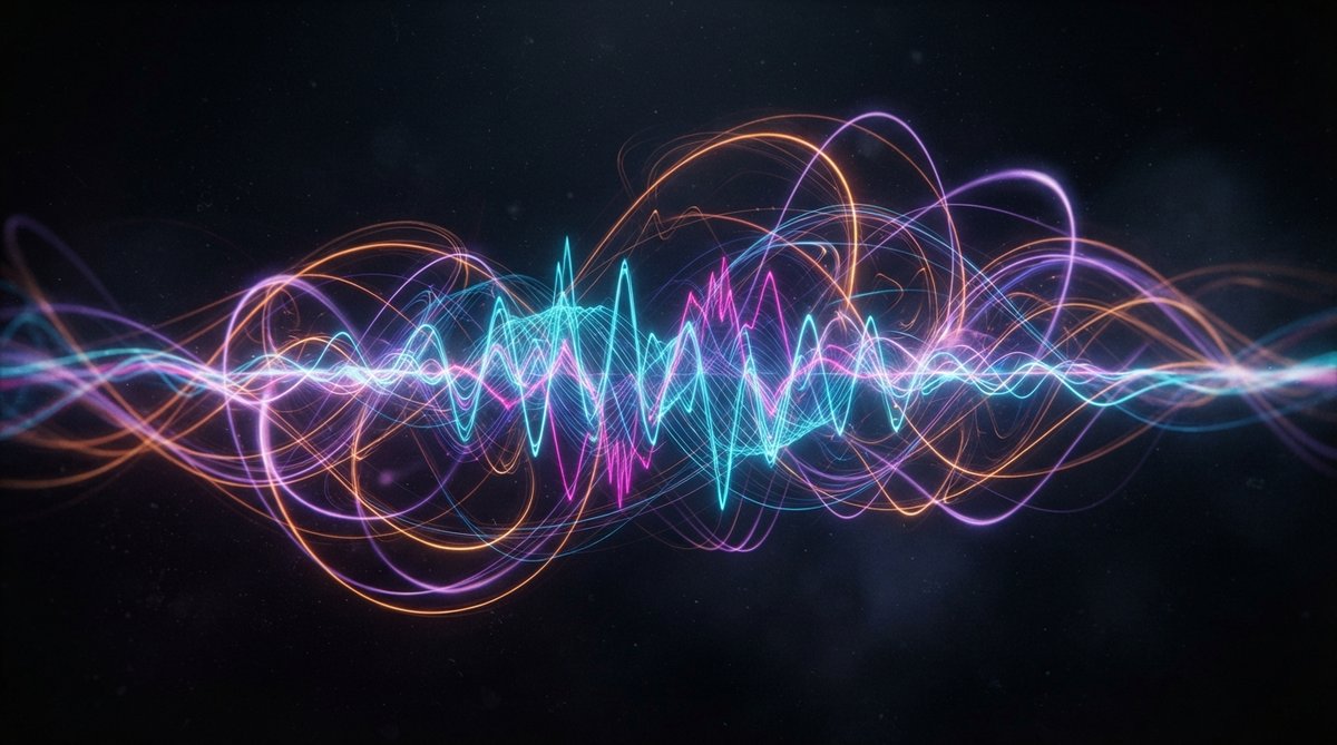 An abstract, vibrant visualization of rhythmic energy. Interweaving light trails and pulsating waveforms in a dark, atmospheric space, representing complex yet cohesive rhythmic patterns. Focus on dynamic movement and the interplay of different visual ele