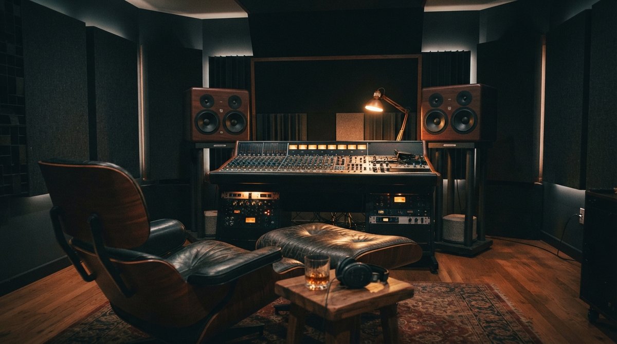 A warm, inviting shot of a professional mixing studio. Soft, ambient lighting highlights a pair of high-end monitor speakers on stands, with a comfortable listening chair in the foreground. Acoustic treatment panels are subtly visible on the walls. No com
