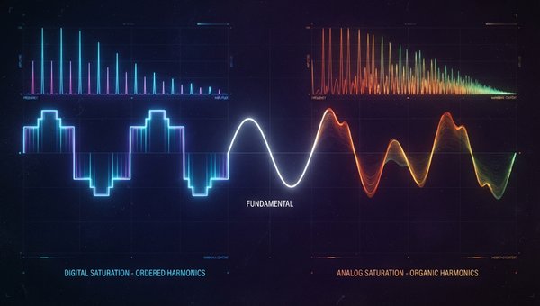 Abstract visualization of audio waveforms and their harmonic content, showing a clean, fundamental sine wave transforming into a richer, more complex wave with added overtones. One side shows symmetrical, ordered harmonics (digital saturation), and the ot