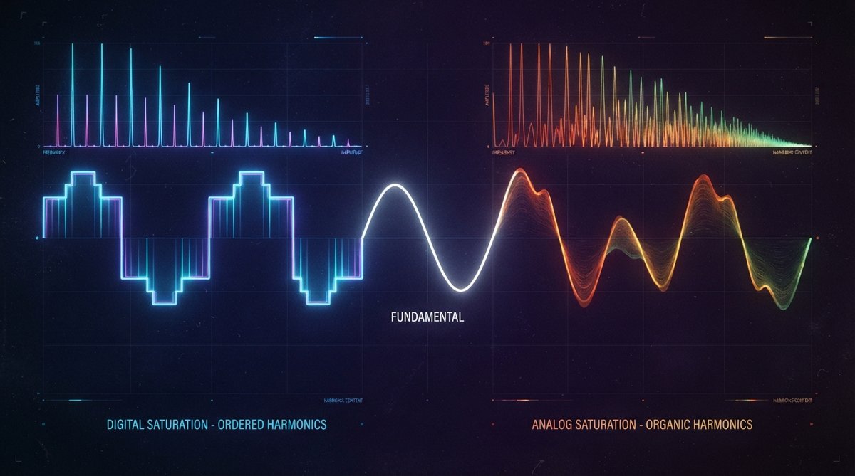 Abstract visualization of audio waveforms and their harmonic content, showing a clean, fundamental sine wave transforming into a richer, more complex wave with added overtones. One side shows symmetrical, ordered harmonics (digital saturation), and the ot