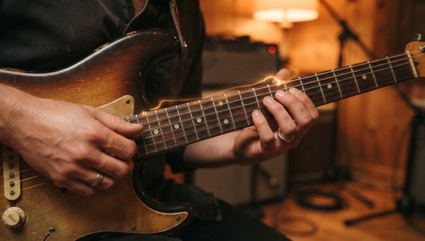 Close-up shot of a guitarist's hands on an electric guitar fretboard, gently picking strings, with a subtle glow around the strings suggesting dynamic energy. Focus on the interaction between fingers and strings, conveying expressiveness and touch sensiti