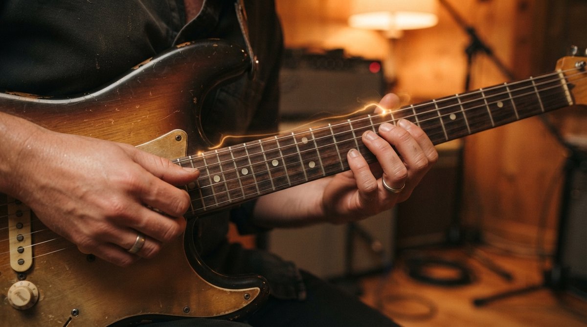Close-up shot of a guitarist's hands on an electric guitar fretboard, gently picking strings, with a subtle glow around the strings suggesting dynamic energy. Focus on the interaction between fingers and strings, conveying expressiveness and touch sensiti