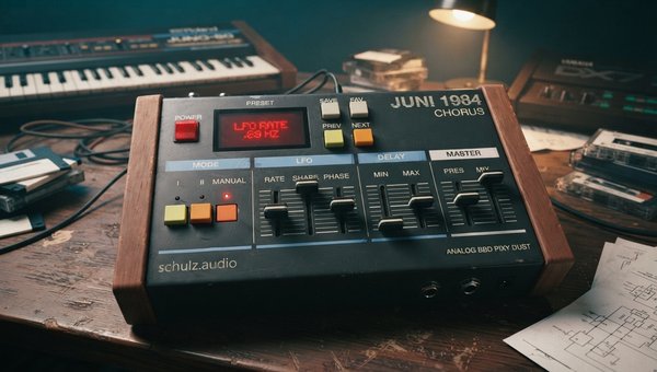 A photorealistic, detailed render of a 'JUNI 1984 CHORUS' hardware effects unit. The unit is designed as a compact, sleek desktop module, reminiscent of early 1980s Japanese synth accessories or effects pedals. It features a dark brushed metal chassis, la