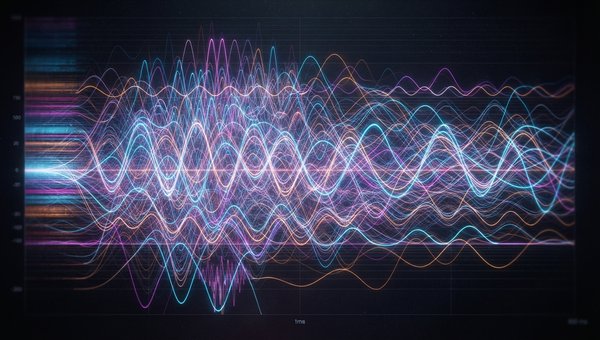 An abstract, vibrant visualization of sound as frequency spectra and waveforms, with numerous colorful sine waves layering and interacting to form a complex, evolving pattern against a dark background. The image should convey precision and the building bl