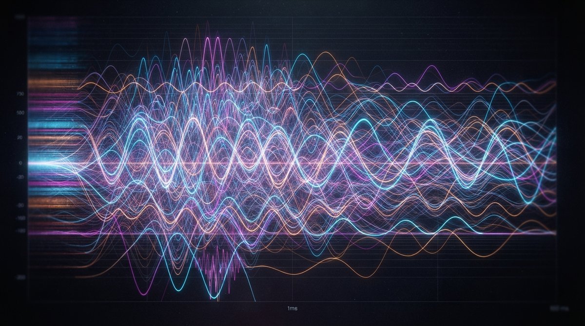 An abstract, vibrant visualization of sound as frequency spectra and waveforms, with numerous colorful sine waves layering and interacting to form a complex, evolving pattern against a dark background. The image should convey precision and the building bl