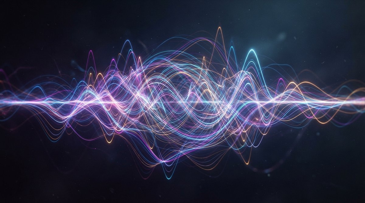 An abstract visualization of complex sound waves and frequency spectra, rendered as vibrant, swirling light trails and color gradients against a dark, ethereal background. The image should evoke the intricate and dynamic nature of advanced synthesis, with
