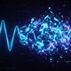 Abstract visualization of digital audio corruption, showing a clean waveform breaking down into blocky, pixelated, and noisy fragments, with jagged edges and aliasing artifacts, in a dark, futuristic setting with neon blue and purple hues.