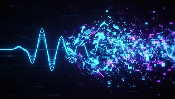 Abstract visualization of digital audio corruption, showing a clean waveform breaking down into blocky, pixelated, and noisy fragments, with jagged edges and aliasing artifacts, in a dark, futuristic setting with neon blue and purple hues.