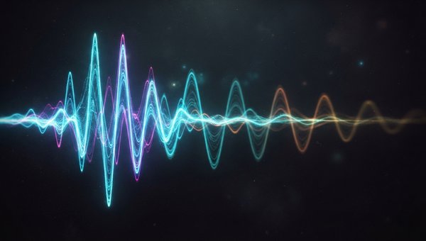 A dynamic and colorful abstract visualization of sound waves, specifically showing a main waveform with several distinct, progressively decaying echoes trailing behind it, illustrating the concept of delay. Use vibrant, contrasting colors against a dark b