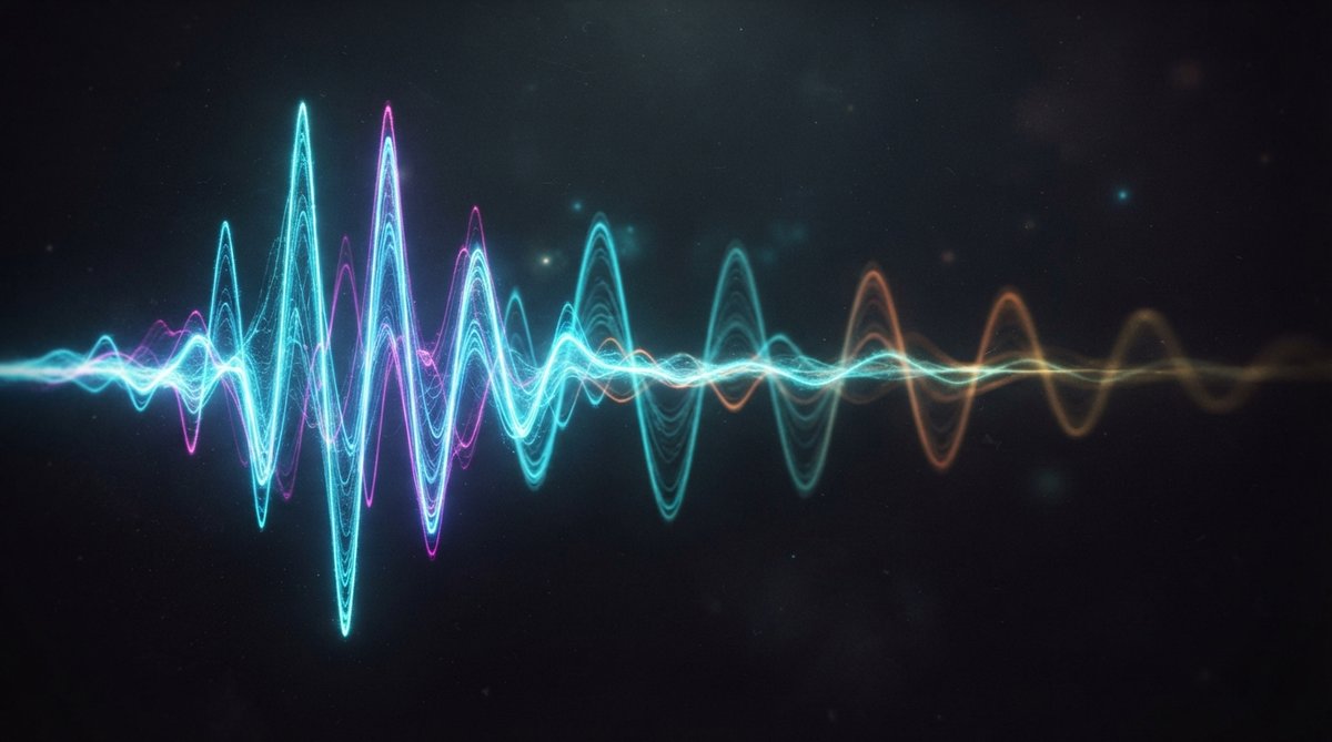 A dynamic and colorful abstract visualization of sound waves, specifically showing a main waveform with several distinct, progressively decaying echoes trailing behind it, illustrating the concept of delay. Use vibrant, contrasting colors against a dark b