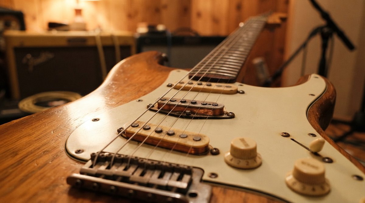 Close-up shot of the bridge and neck pickups of an electric guitar (e.g., a classic Stratocaster or Les Paul style), highlighting the details of the coils and magnets. The guitar body has a subtle, natural wood grain finish. Soft, warm studio lighting fro