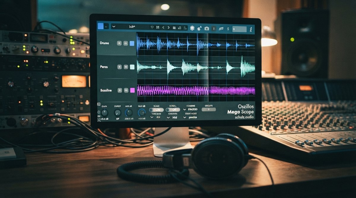 A clean, well-lit shot of the Oszillos Mega Scope plugin UI displayed prominently on a computer monitor in a professional, modern studio environment. The screen shows a dual-channel waveform display with clearly visible phase relationships. A pair of stud