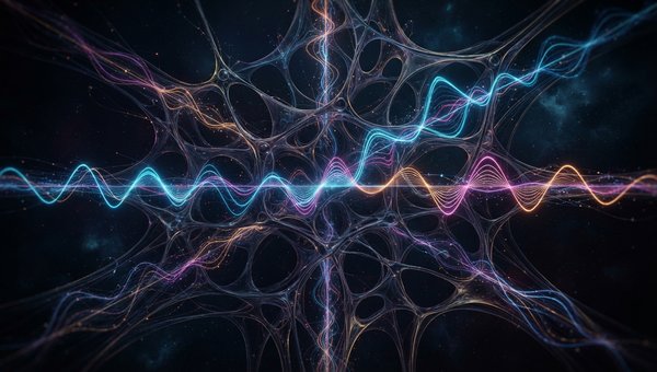 Abstract representation of sound waves interacting and resonating within a complex, organic structure, visualizing the principles of physical modeling synthesis. The image should feature elegant, flowing lines and vibrant, subtle color gradients, suggesti