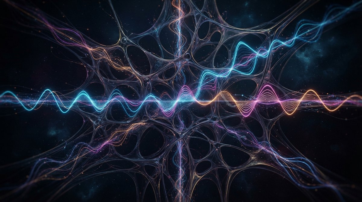 Abstract representation of sound waves interacting and resonating within a complex, organic structure, visualizing the principles of physical modeling synthesis. The image should feature elegant, flowing lines and vibrant, subtle color gradients, suggesti