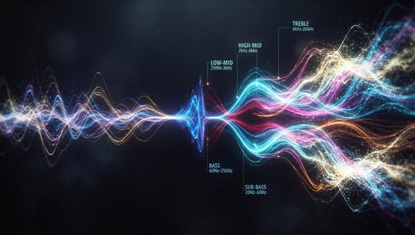 An abstract visualization of sound, showing a complex audio waveform being split and manipulated into distinct frequency bands. The lower frequencies are tightly centered, while higher frequencies expand outwards into a wider stereo field, represented by 