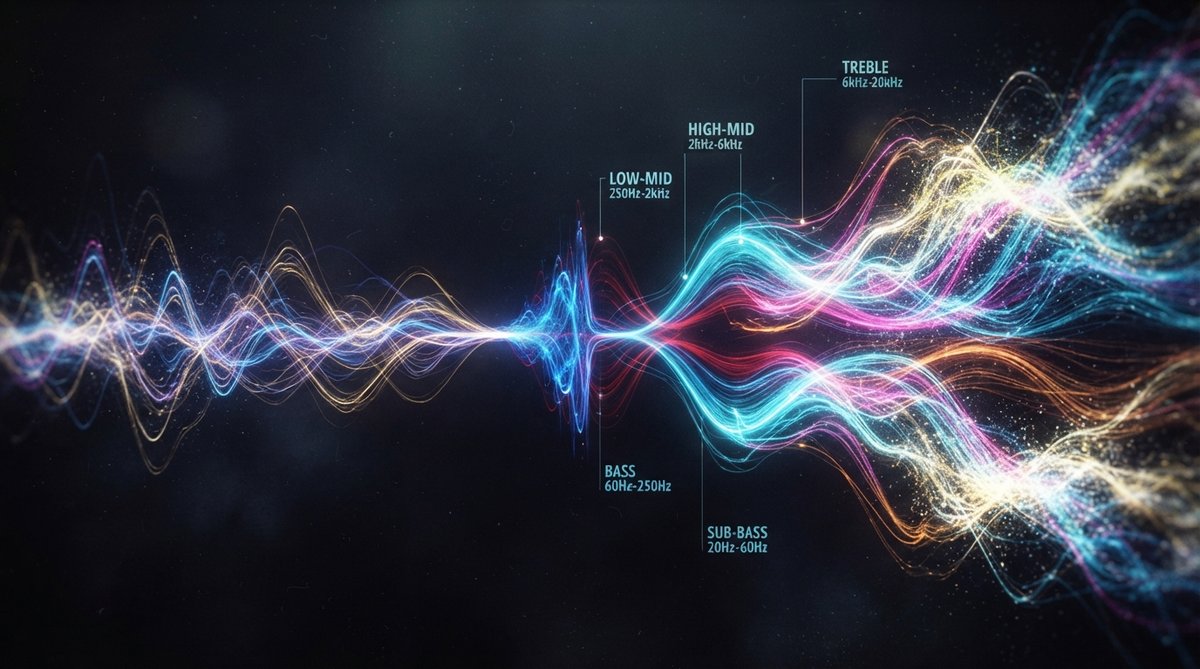 An abstract visualization of sound, showing a complex audio waveform being split and manipulated into distinct frequency bands. The lower frequencies are tightly centered, while higher frequencies expand outwards into a wider stereo field, represented by 