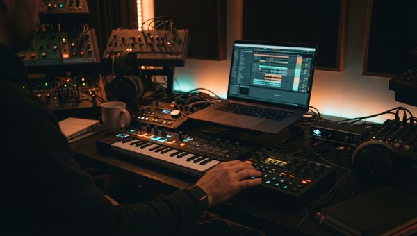 A moody, atmospheric shot of a professional music studio. Focus on a drum machine or MIDI controller with a laptop displaying a DAW, subtly lit to emphasize the creative process. No plugin UIs visible, just the general ambiance of a modern electronic musi