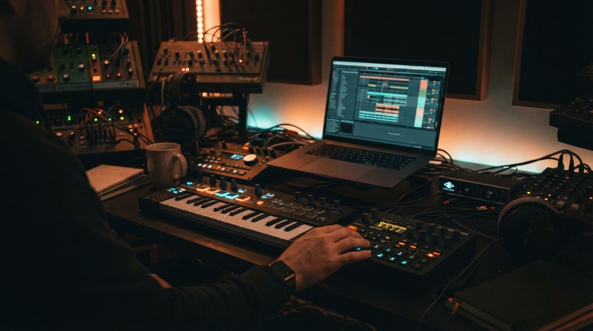 A moody, atmospheric shot of a professional music studio. Focus on a drum machine or MIDI controller with a laptop displaying a DAW, subtly lit to emphasize the creative process. No plugin UIs visible, just the general ambiance of a modern electronic musi