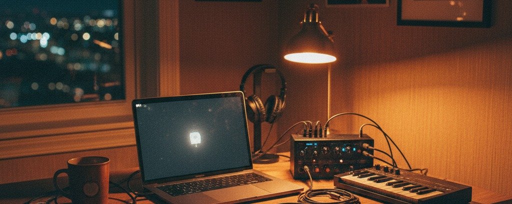 Bedroom producer desk at night