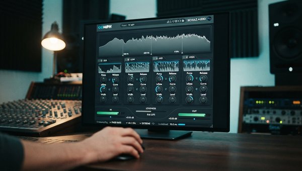 A high-resolution, ultra-realistic close-up shot of a professional audio engineer's workstation. A large, pristine studio monitor dominates the frame, showcasing a meticulously arranged suite of interconnected audio plugin UIs. The screen displays a compl