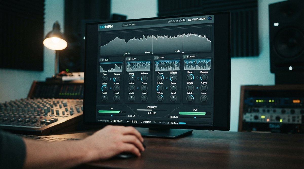 A high-resolution, ultra-realistic close-up shot of a professional audio engineer's workstation. A large, pristine studio monitor dominates the frame, showcasing a meticulously arranged suite of interconnected audio plugin UIs. The screen displays a compl