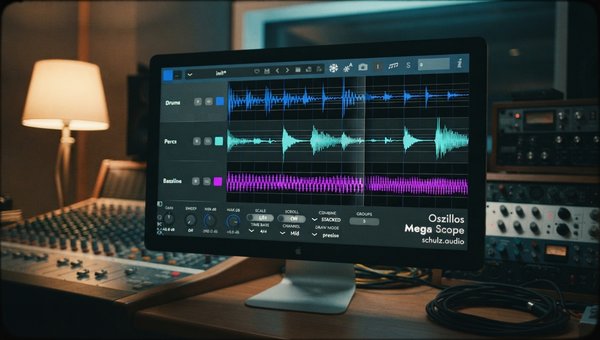 A clean, modern computer screen in a professional studio environment displays the Oszillos Mega Scope plugin interface. The oscilloscope shows two distinct waveforms, representing a kick drum and a bassline, perfectly aligned at their transients, with the