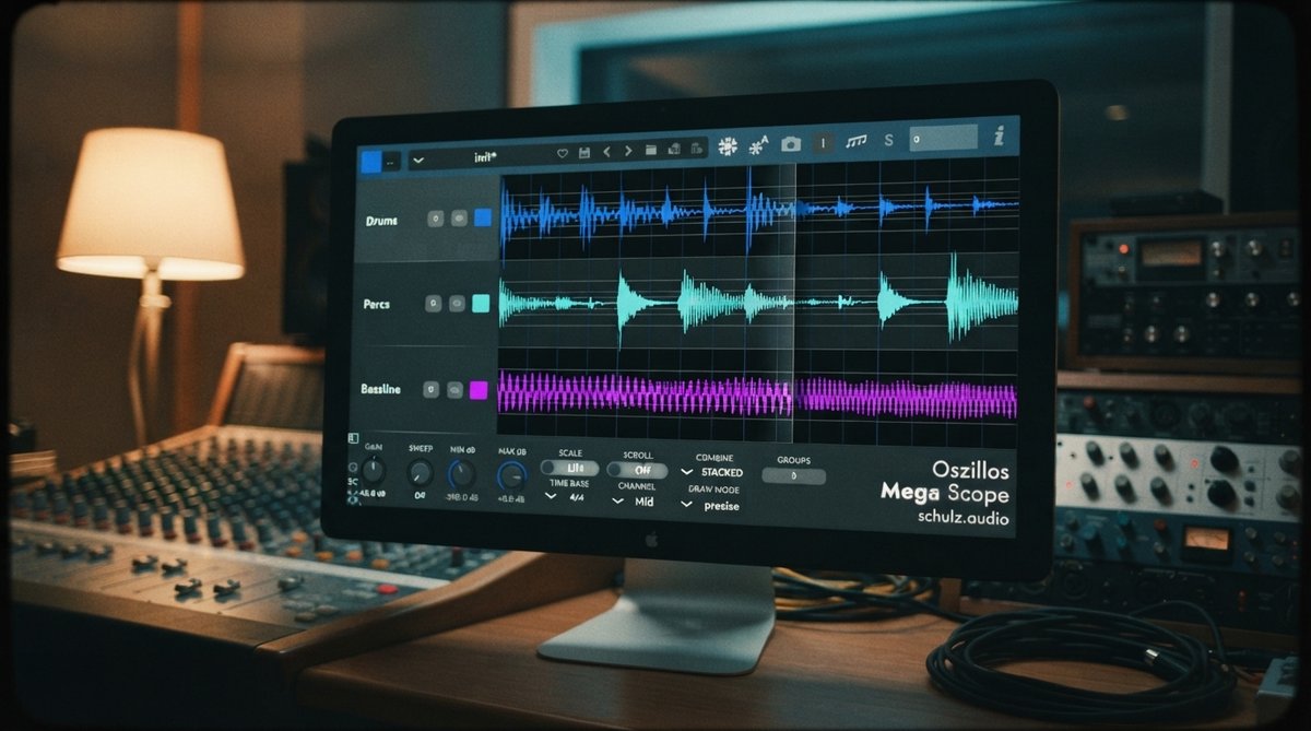 A clean, modern computer screen in a professional studio environment displays the Oszillos Mega Scope plugin interface. The oscilloscope shows two distinct waveforms, representing a kick drum and a bassline, perfectly aligned at their transients, with the