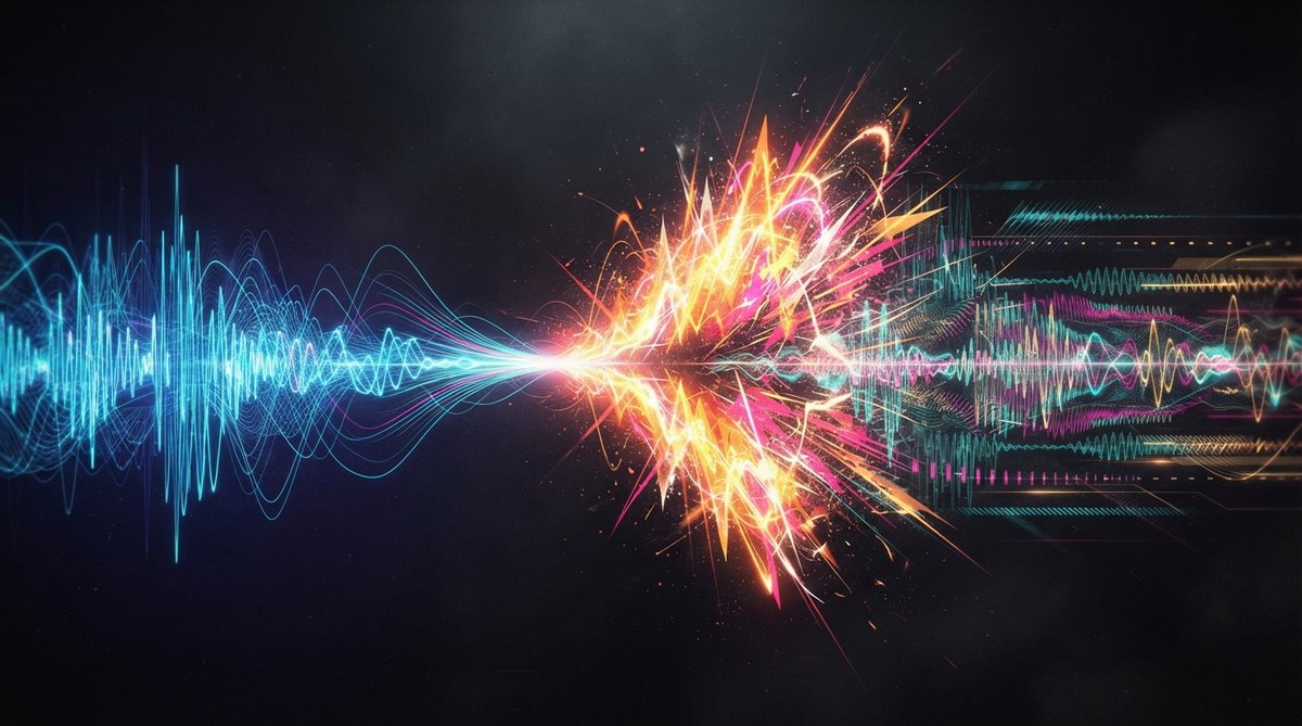 A dynamic abstract visualization of sound energy and structure, with flowing lines and vibrant colors representing build-ups, drops, and transitions in an EDM track. Focus on movement and intensity shifts.