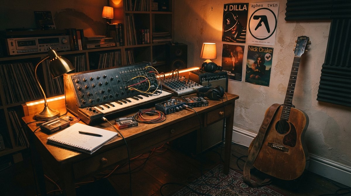 A cozy, dimly lit bedroom studio scene, with warm practical lighting. An old, worn acoustic guitar leans against a wall, and a vintage analog synthesizer sits on a desk. The overall atmosphere is intimate and slightly nostalgic, evoking a lo-fi, DIY recor