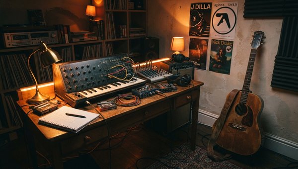 A cozy, dimly lit bedroom studio scene, with warm practical lighting. An old, worn acoustic guitar leans against a wall, and a vintage analog synthesizer sits on a desk. The overall atmosphere is intimate and slightly nostalgic, evoking a lo-fi, DIY recor
