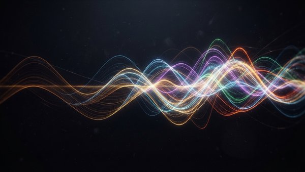 An abstract visualization of harmonious sound waves intertwining and evolving, representing chord progressions. Focus on elegant, flowing lines and color gradients that suggest harmonic movement and emotional depth, without specific instruments or UIs.