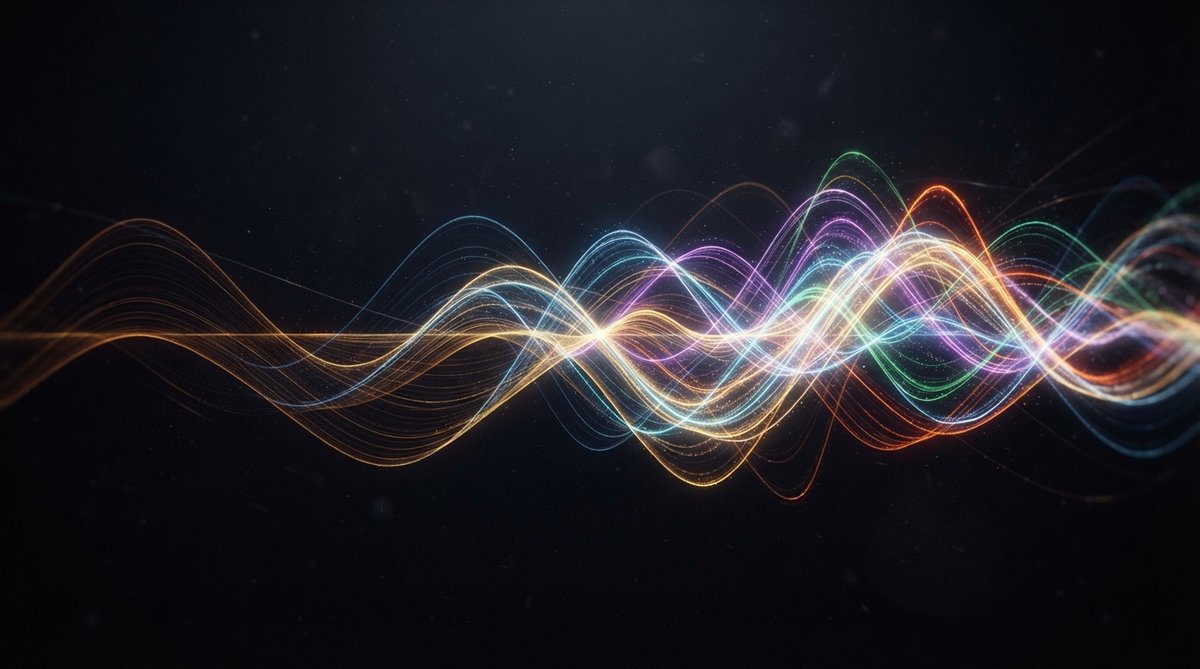 An abstract visualization of harmonious sound waves intertwining and evolving, representing chord progressions. Focus on elegant, flowing lines and color gradients that suggest harmonic movement and emotional depth, without specific instruments or UIs.